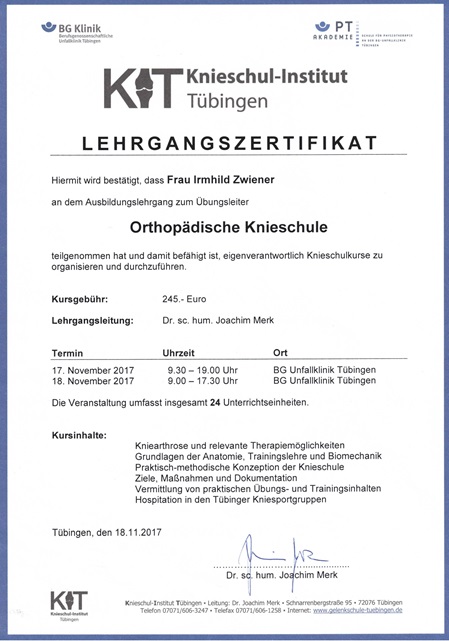 Zertifikat Irmhild Zwiener Knieschule